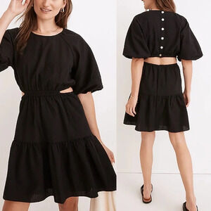 Madewell Seersucker Puff-Sleeve Cutout Mini Dress Black Sz Medium